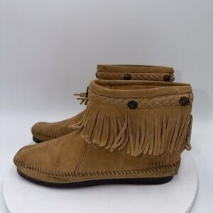 MINNETONKA Moccasins Ankle High Top Fringe Boots Brown Suede Back Zip Size 9